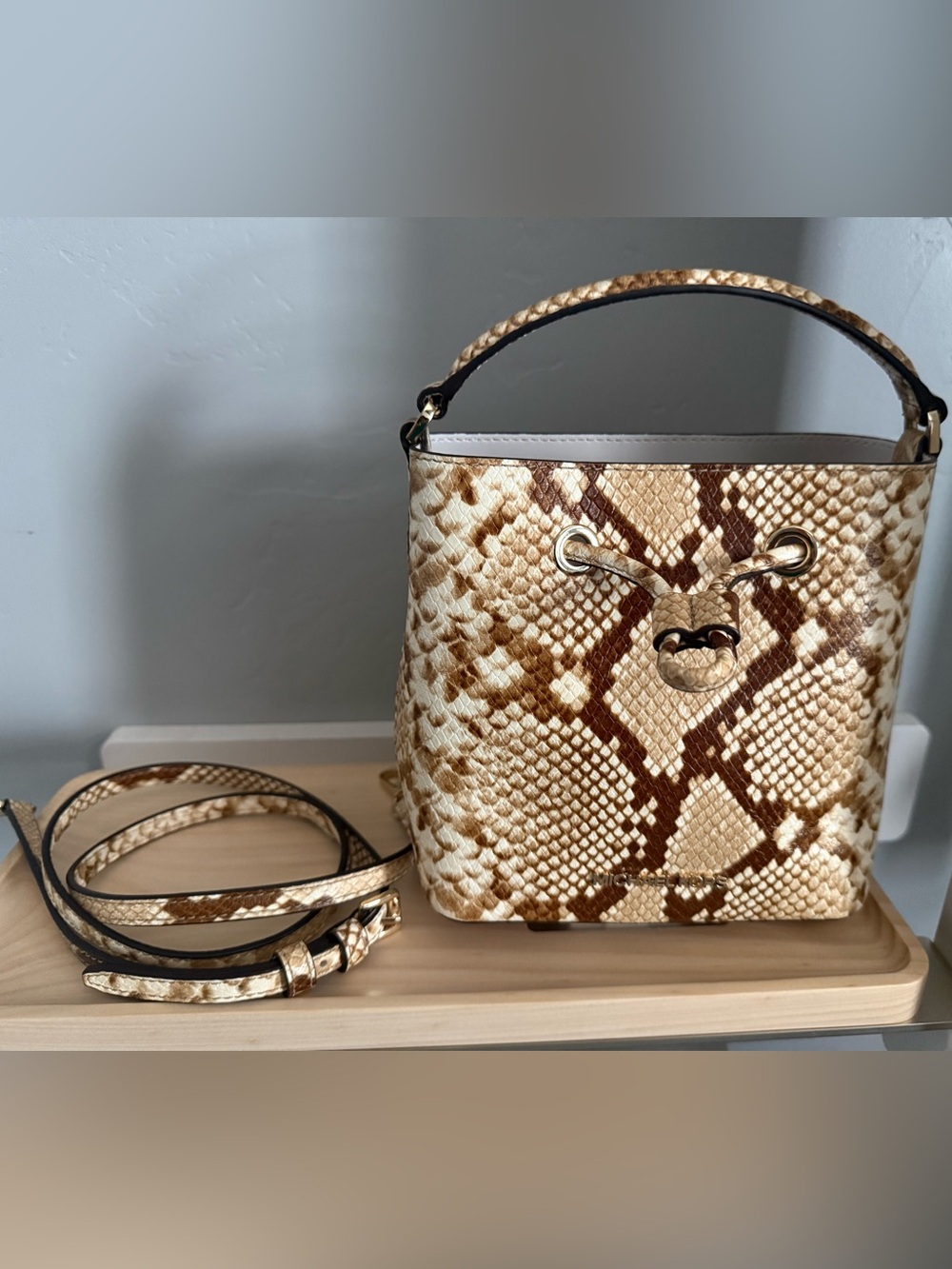 Michael Kors Tan & Brown Snake-Print Drawstring Shoulder Bag - Picture 6 of 7